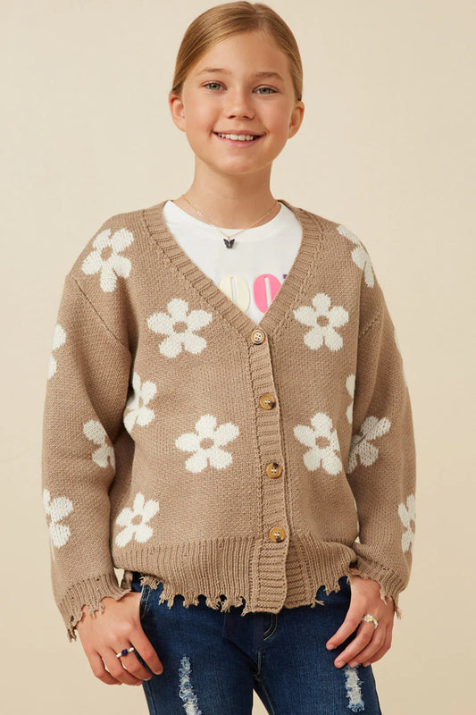 Taupe Flower Distressed Cardigan