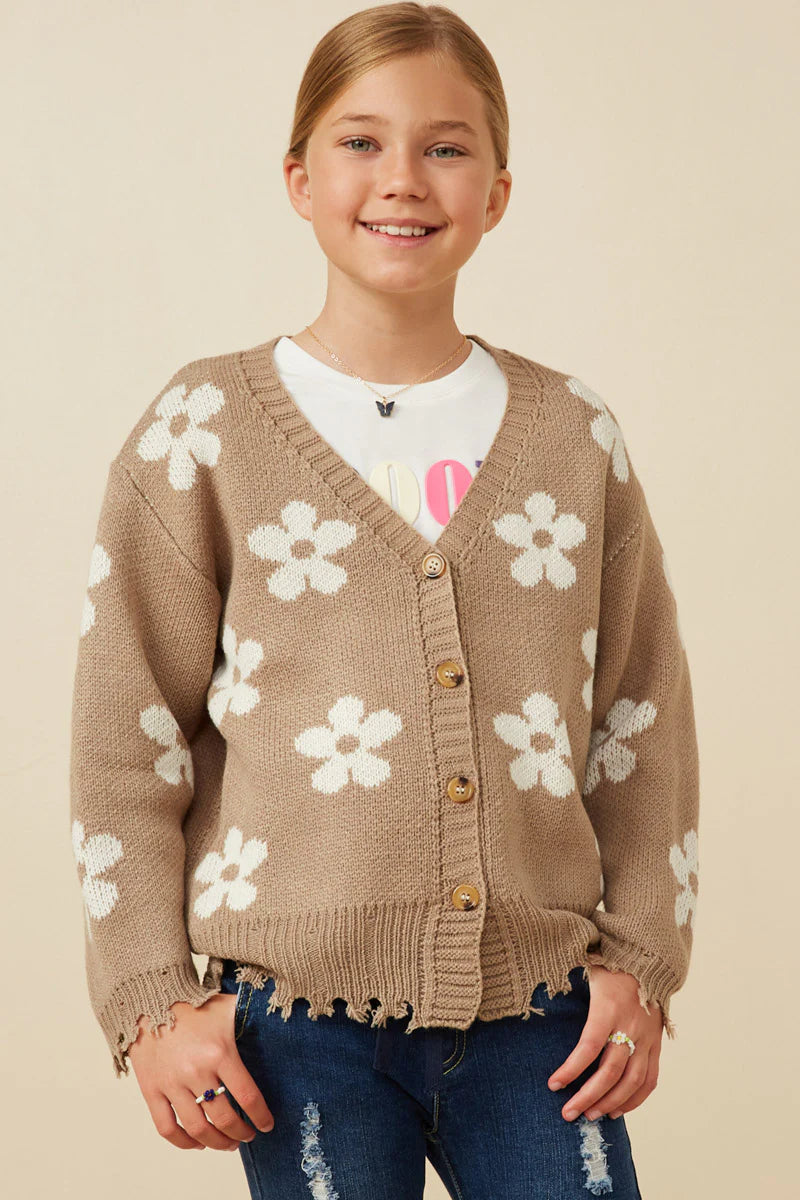 Taupe Flower Distressed Cardigan