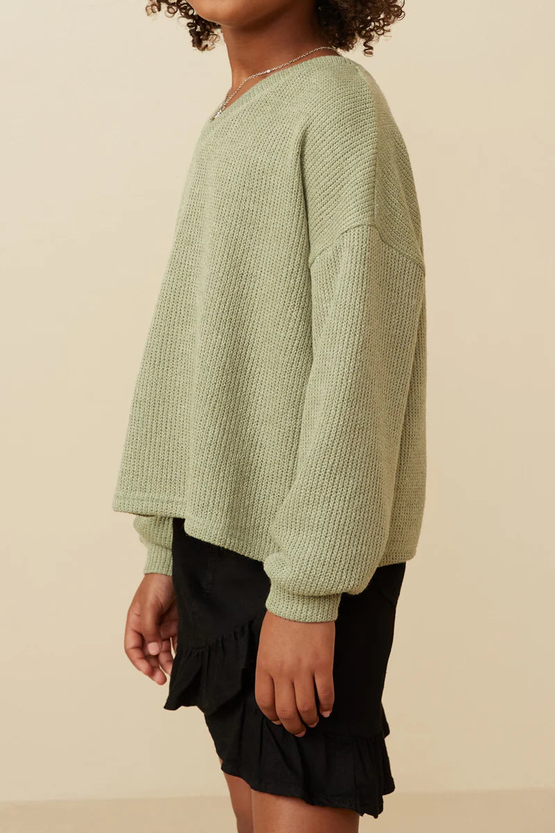 Fuzzy Sage Green V-Neck Top