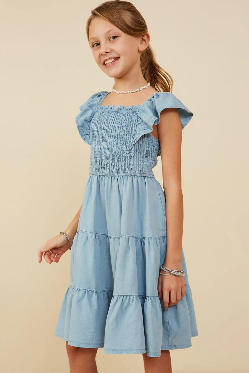 Light Denim Smocked Tencel Dress