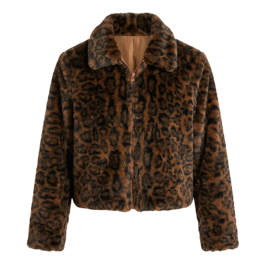 A brown and black leopard print faux fur jacket 