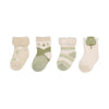 Set of four baby socks with green and beige patterns on a white background