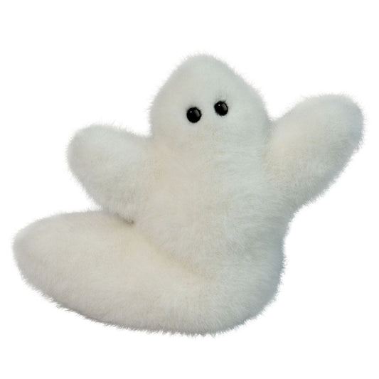 A white fluffy ghost-shaped plush toy with small black bead eyes, isolated on a white background.
