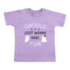 A light purple short-sleeve kids' t-shirt with a Halloween graphic that reads 'GHOULS JUST WANNA HAVE FUN' in black and white text, decorated with cute cartoon ghosts.