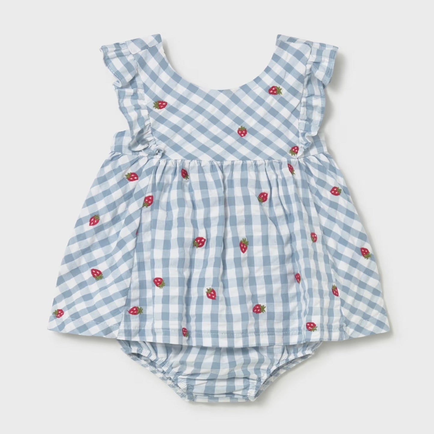 Blue checkered baby romper with red floral patterns on a light gray background