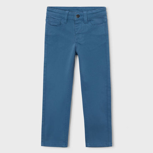 A pair of medium blue slim-fit chino pants shown flat against a light gray background.