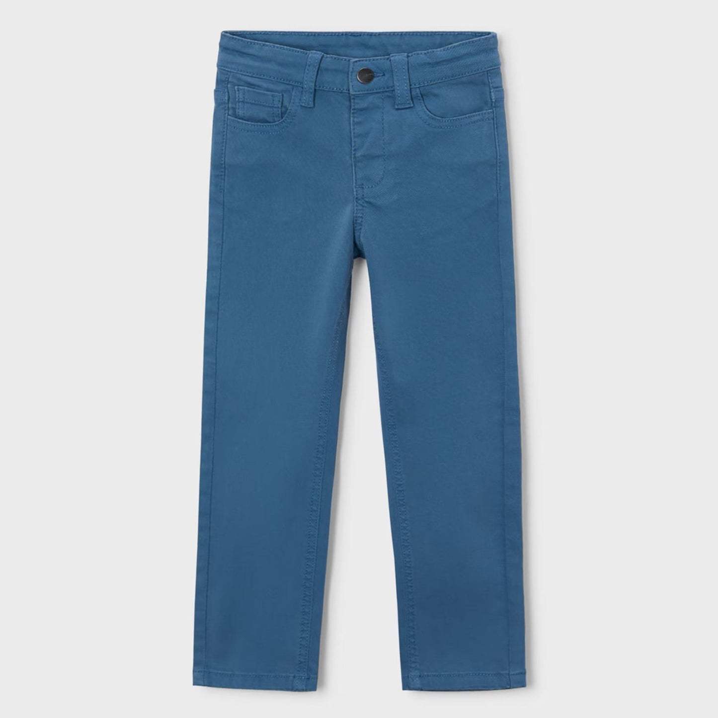 A pair of medium blue slim-fit chino pants shown flat against a light gray background.