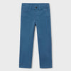 A pair of medium blue slim-fit chino pants shown flat against a light gray background.