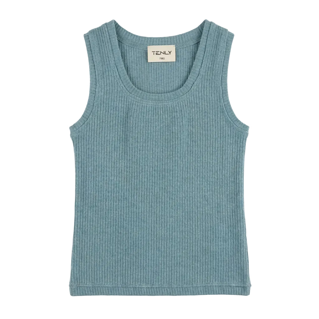 A sleeveless ribbed knit top in a muted blue-gray color, hanging on a white plastic hanger against a plain light background.