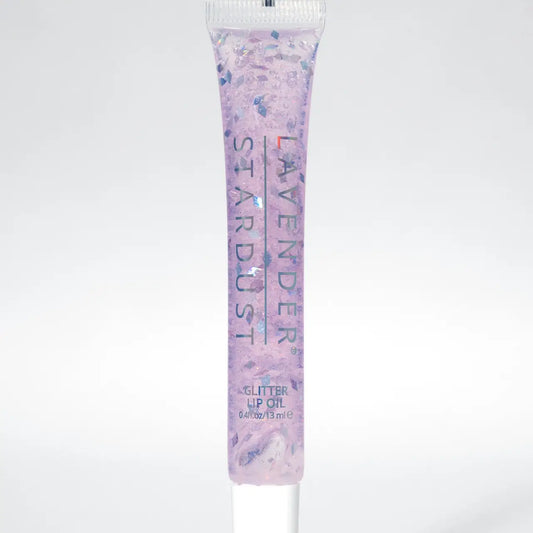 Lavender glitter lip oil tube on a white background