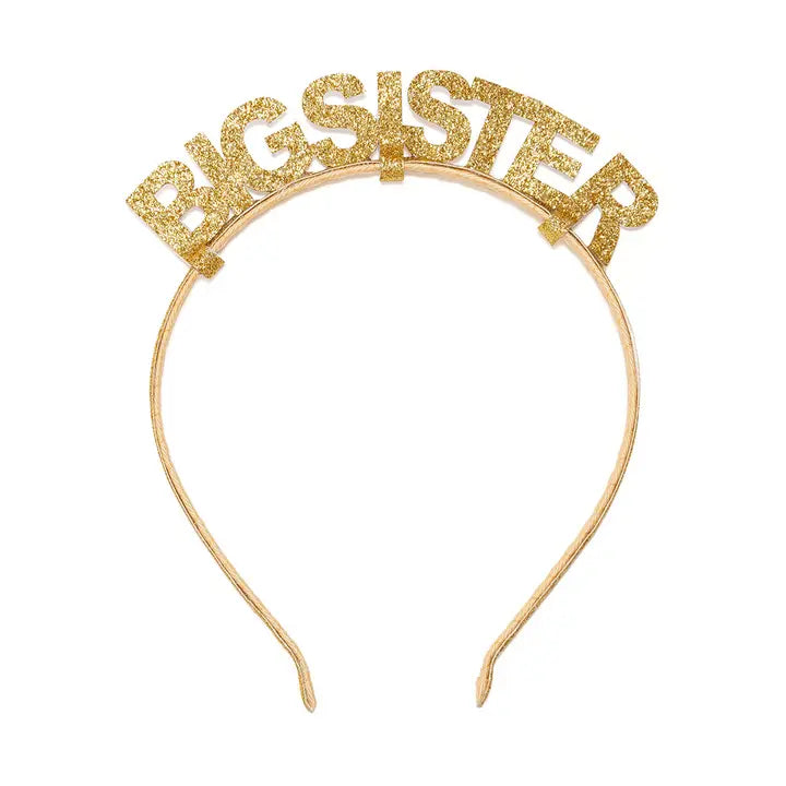 A gold glitter 'BIGSISTER' party headband with a thin gold wire band, shown against a plain white background.