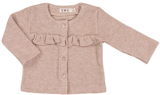Beige baby cardigan with ruffled collar on a white background