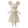 A handmade fabric mouse doll with long ears, a stitched face, and a dress patterned with small white stars on a beige background, set against a plain white studio backdrop.