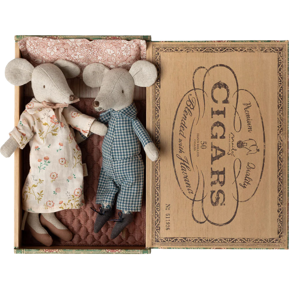 Grandma and Grandpa mice in a cigar box