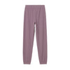 A pair of loose-fitting, wide-leg sweatpants in a dusty mauve-purple color, 