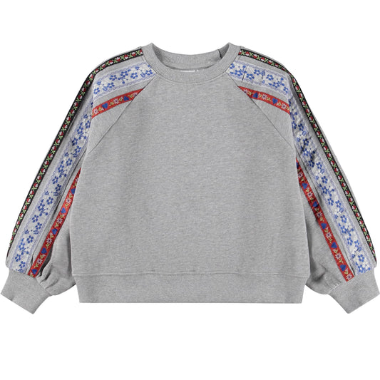 Gray sweatshirt with colorful patterned sleeves on a white background