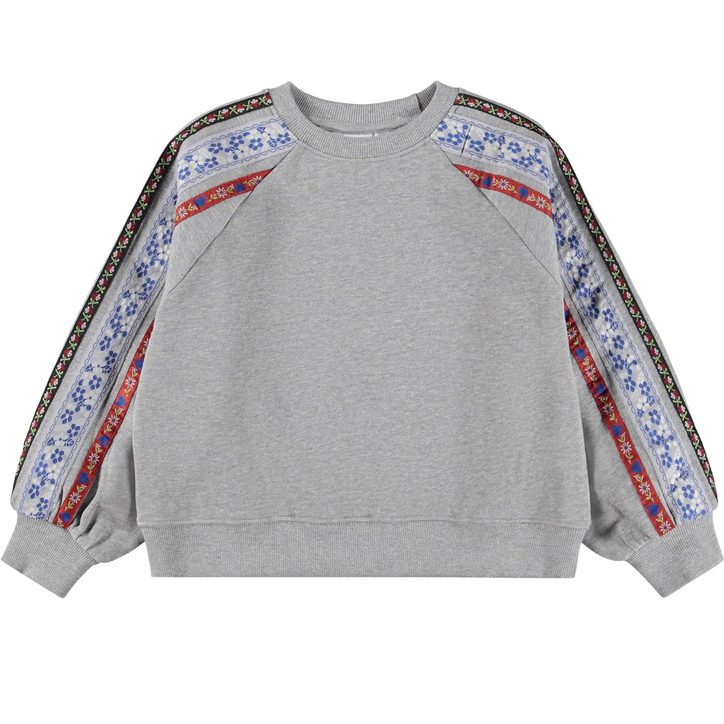 Gray sweatshirt with colorful patterned sleeves on a white background