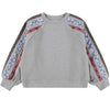 Gray sweatshirt with colorful patterned sleeves on a white background