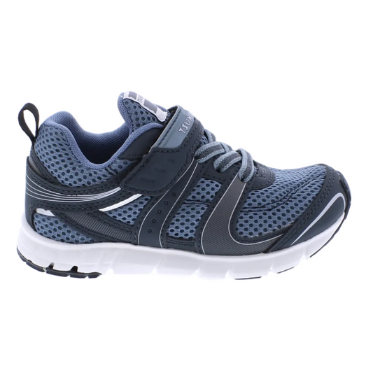 Blue and black athletic shoe on a white background