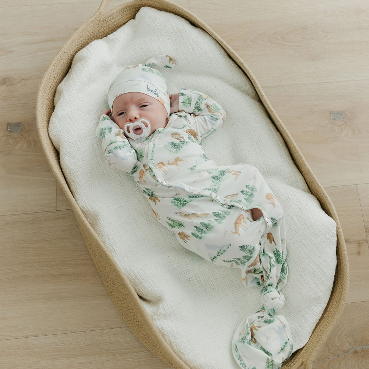 Woodland animal print baby gown with knotted bottom