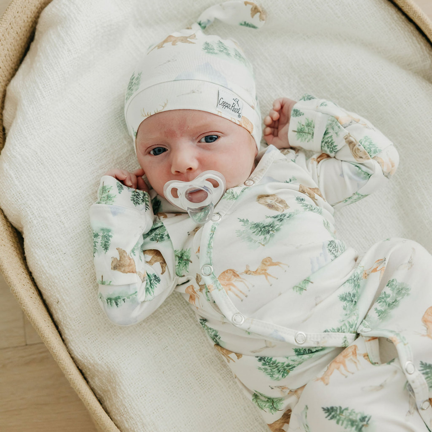 Woodland animal print baby gown with knotted bottom