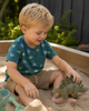 Child wearing a teal colored shirt with blue, green, and yellow dinosaurs, and a  brown colored short. 