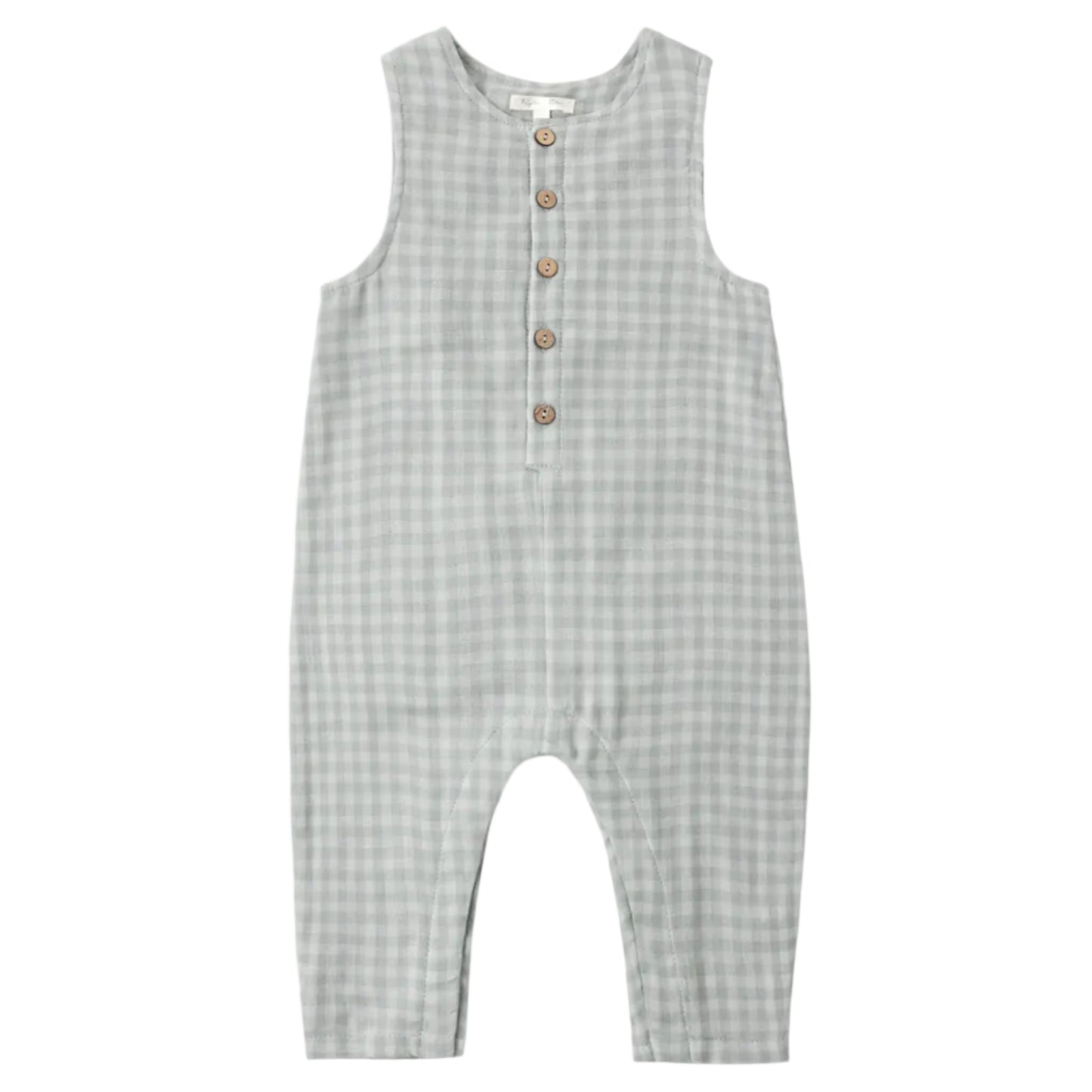 Gray checkered romper with button details on a white background
