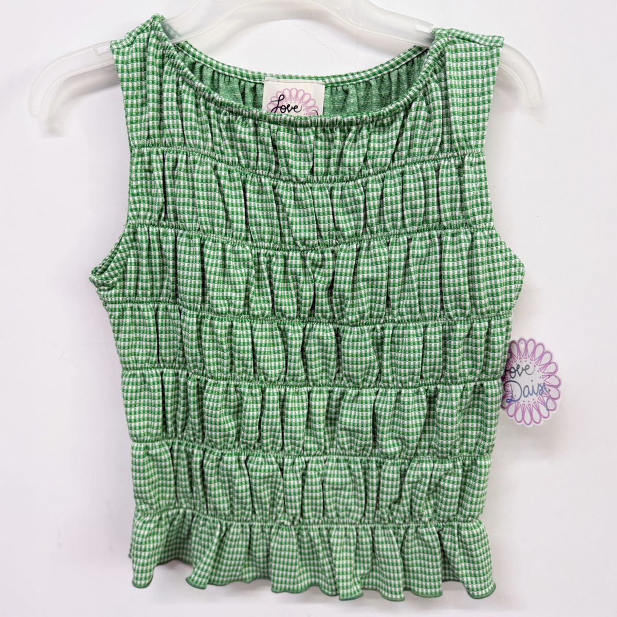 Green checkered smocked tank 