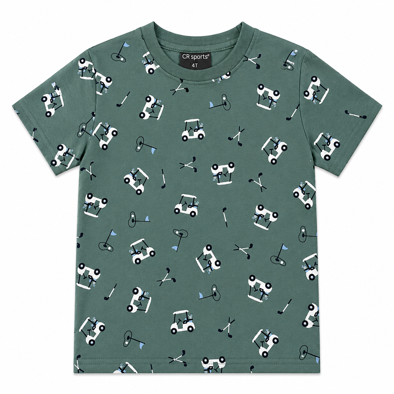Green t-shirt with golf-themed pattern on a white background