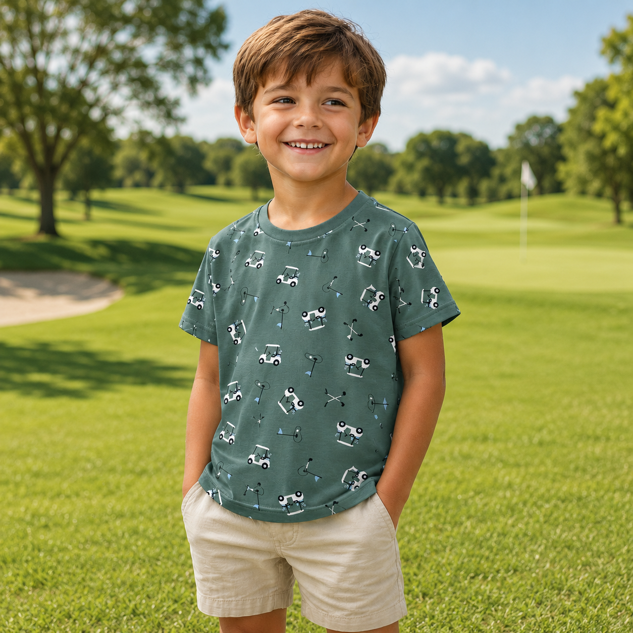 Child wearing a green t-shirt with car pattern on a golf course