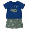 Children's blue t-shirt with golf graphic and green shorts with golf cart pattern on 