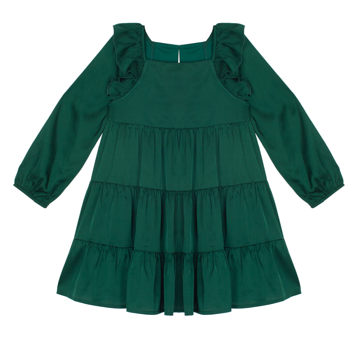 Green dress with ruffled shoulders on a white background