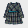 Plaid dress with a teal belt on a light gray background