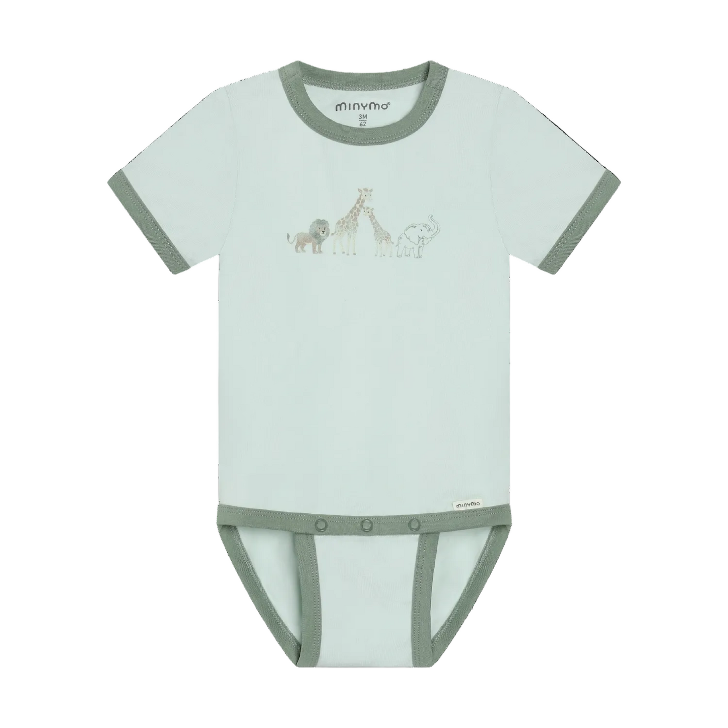 Light green baby onesie with animal illustrations and a dark green border