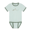 Light green baby onesie with animal illustrations and a dark green border