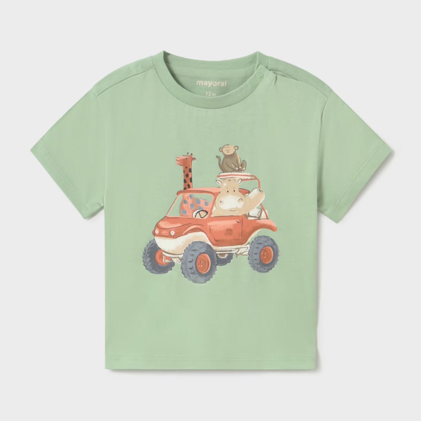 Green t-shirt with safari cartoon character s in a jeep