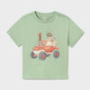 Green t-shirt with safari cartoon character s in a jeep