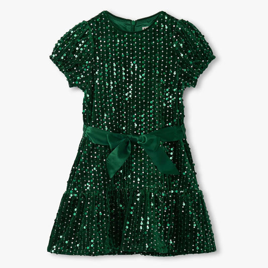 Green sequin dress with a belt on a white background