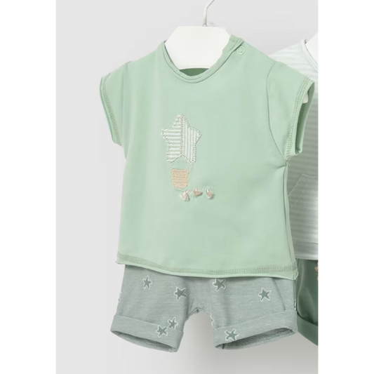 Light green sleeveless top with star pattern and green star embroidered shorts