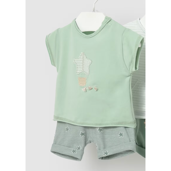 Light green sleeveless top with star pattern and green star embroidered shorts
