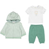 baby's outfit set with green jacket, white t-shirt with balloon design, and green pants on a white background