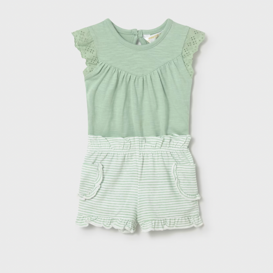 Green lace trim onesie and green stripe shorts set
