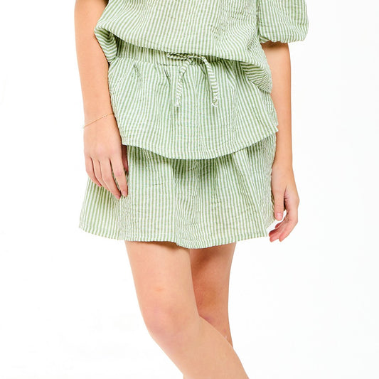 Green striped tiered skirt with elastic waistband