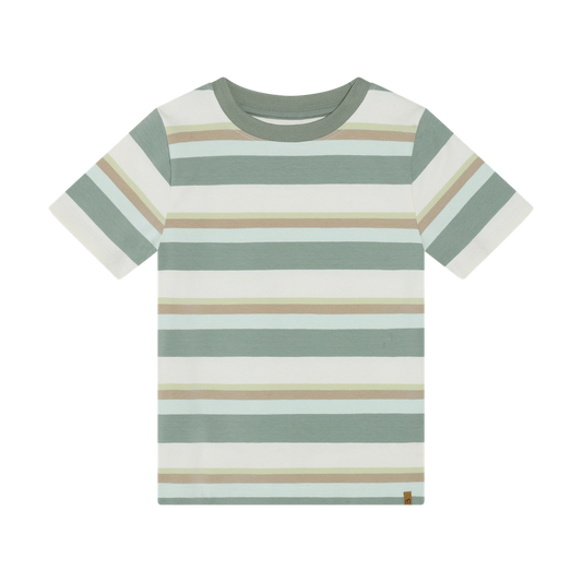 Striped t-shirt with green, beige, and white colors 