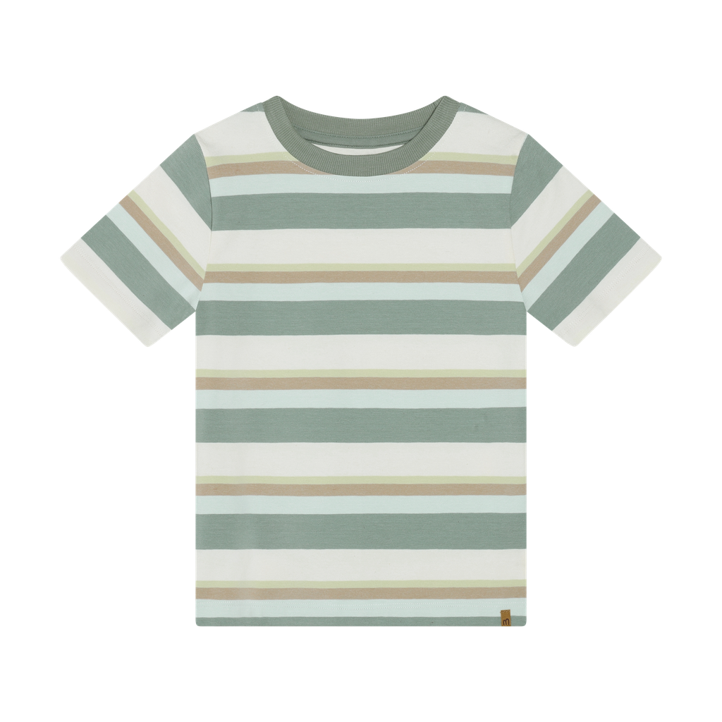 Striped t-shirt with green, beige, and white colors 