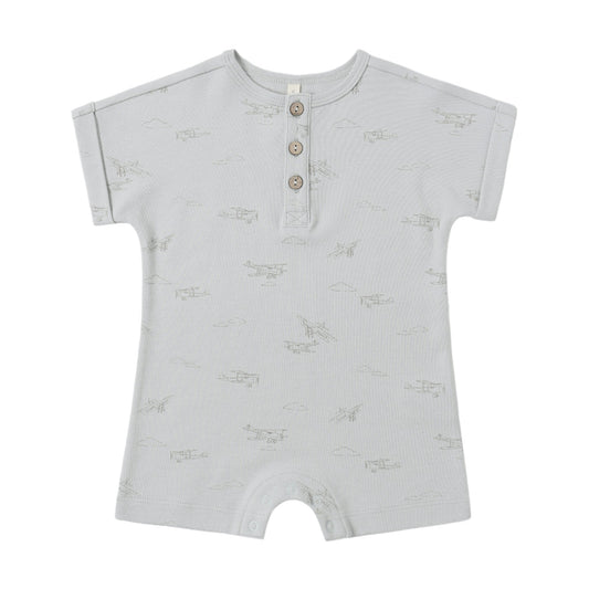 Light gray baby short sleeve romper with button details and airplane pattern