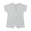 Light gray baby short sleeve romper with button details and airplane pattern