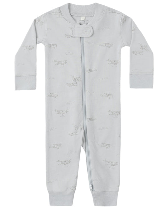 Gray baby romper with airplane patterns