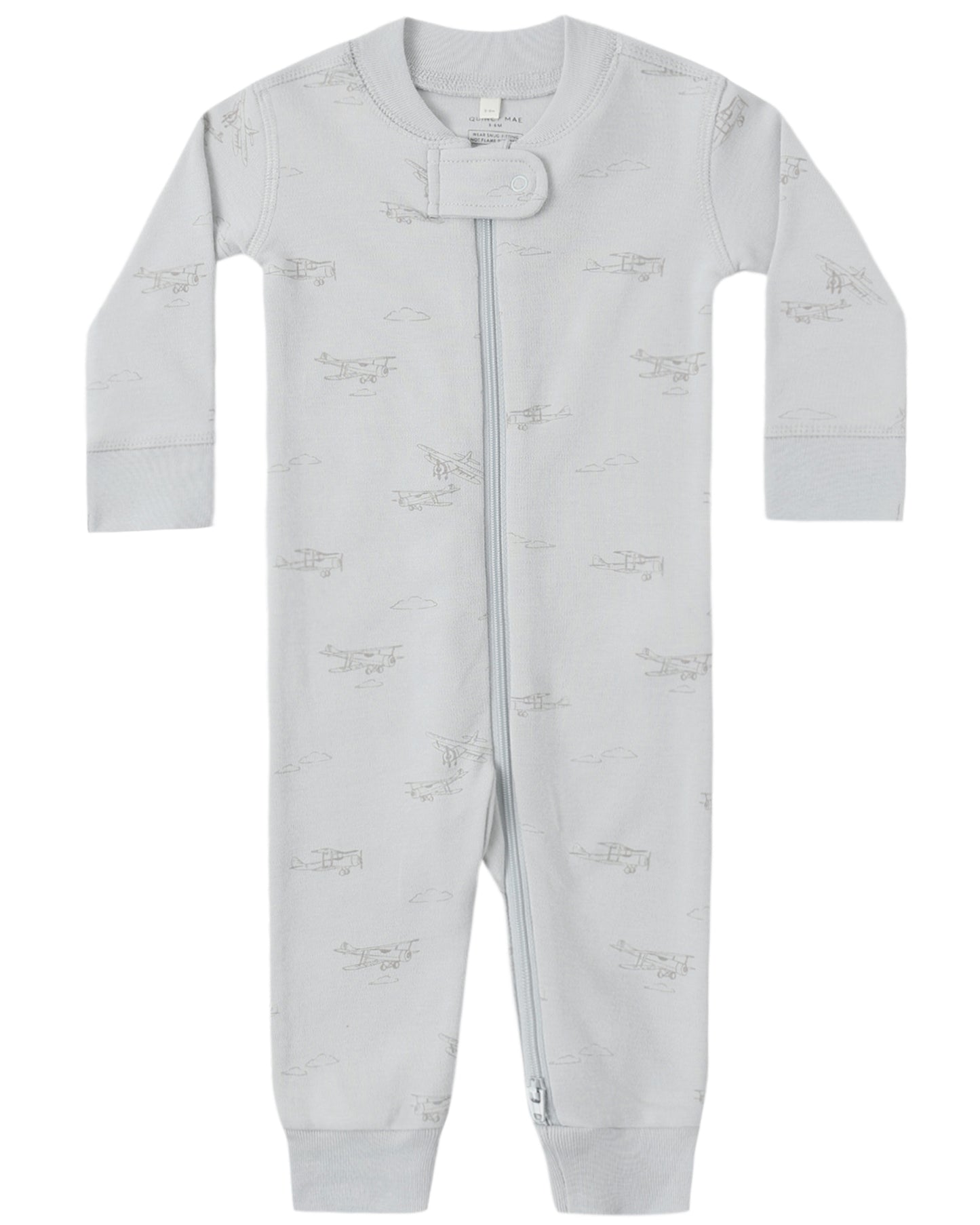 Gray baby romper with airplane patterns