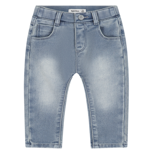 Light blue denim capri jeans for kids, featuring a faded wash and classic five-pocket design, shown flat on a white background.